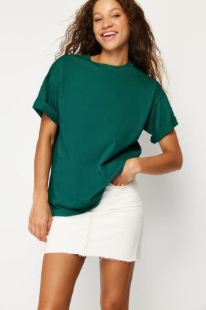 Trendyol Emerald Green 100% Cotton Crew Neck Oversize/Wide Pattern Knitted T-Shirt
