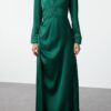 Trendyol Emerald Green Belt Detailed Satin Woven Evening Dress