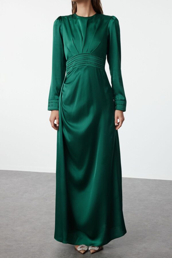 Trendyol Emerald Green Belt Detailed Satin Woven Evening Dress