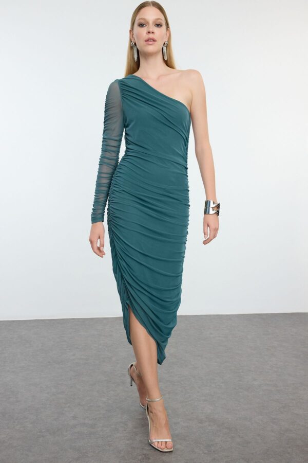 Trendyol Emerald Green Bodycon One Shoulder Knitted Midi Dress