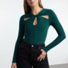 Trendyol Emerald Green Cut Out and Gathered Detailed Fitted/Fits Body Elastic Snap Knit Bodysuit