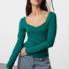 Trendyol Emerald Green Fitted Long Sleeve Sweetheart Neckline Cotton Stretch Knitted Blouse