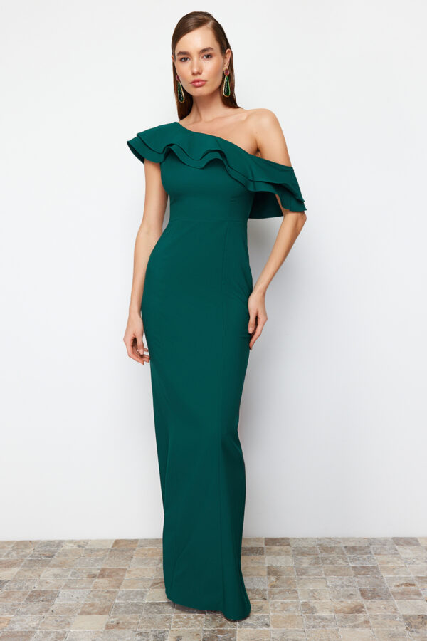 Trendyol Emerald Green Flounce Detailed Woven Elegant Evening Dress