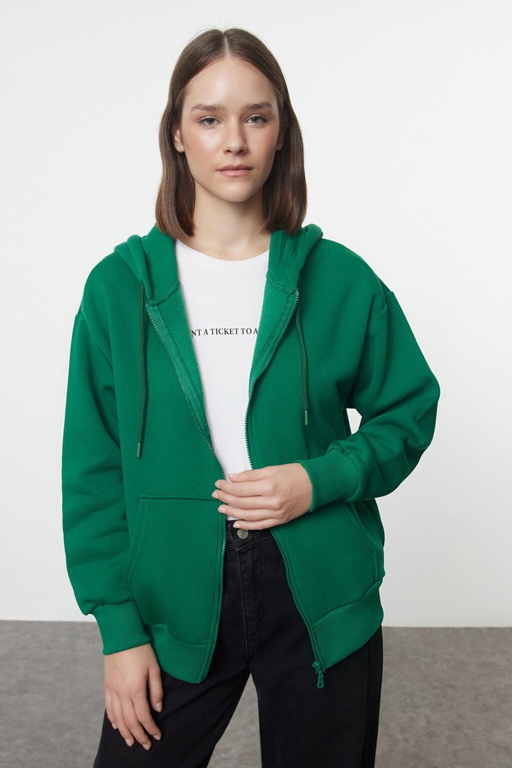Trendyol Emerald Green Hooded Oversize/Wide Fit Zippered Inside Fleece Knitted Sweatshirt