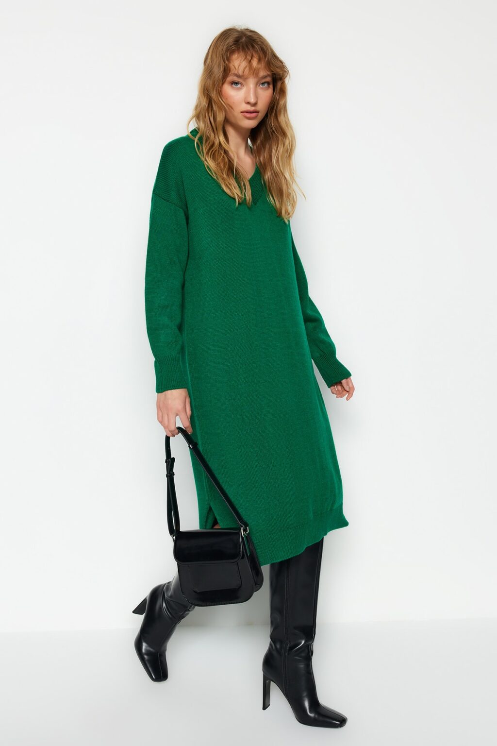 Trendyol Emerald Green Maxi Knitwear Wide Pattern Dress