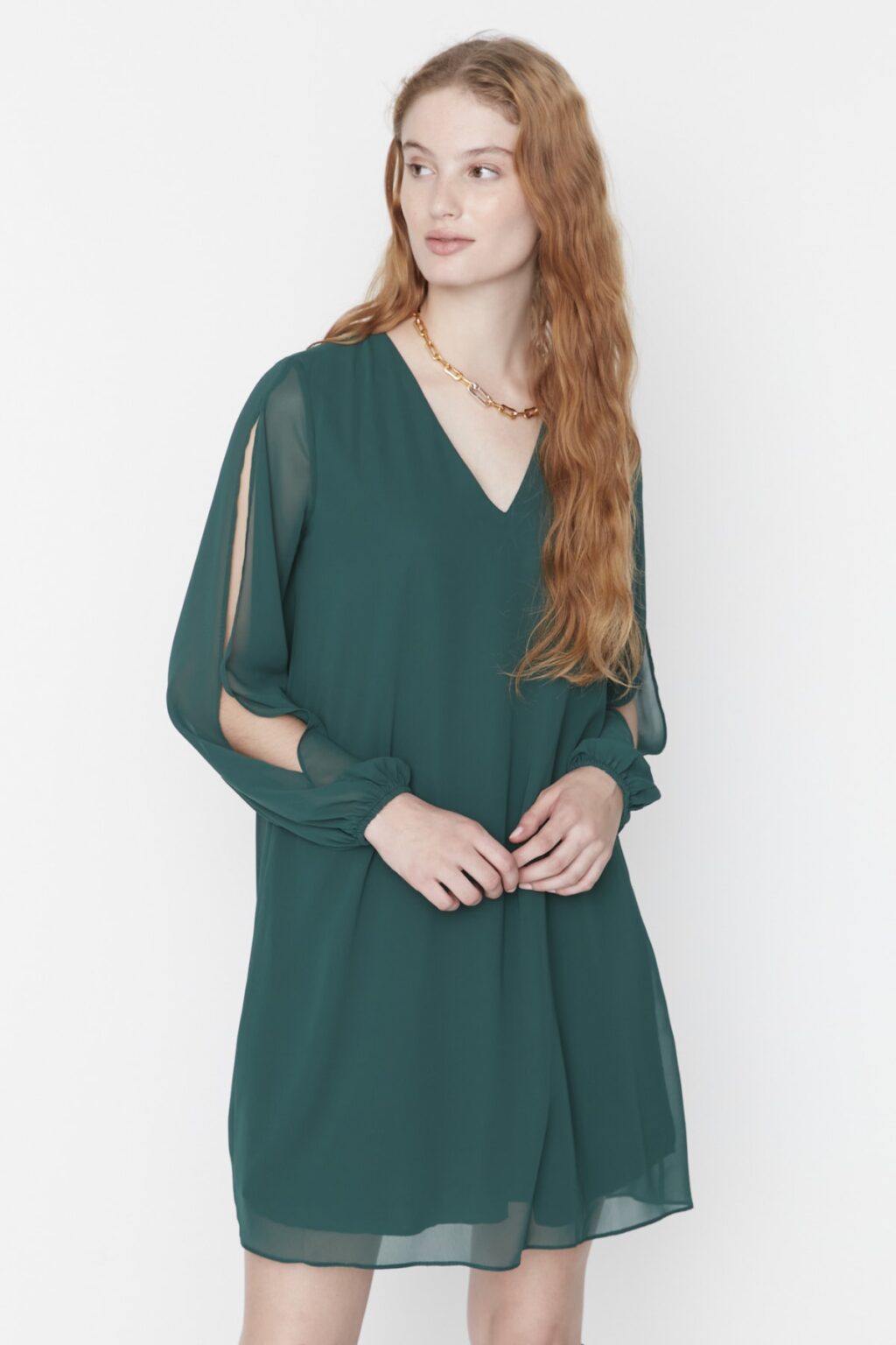 Trendyol Emerald Green Mini sifon bélelt szőtt ruha