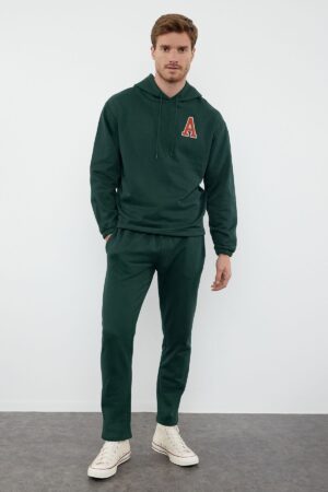 Trendyol Emerald Green Oversize/Wide Cut Hooded Letter Embroidered Tracksuit
