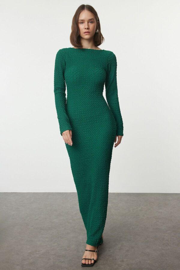 Trendyol Emerald Green Plain Textured Fitted Maxi Knitted Dress
