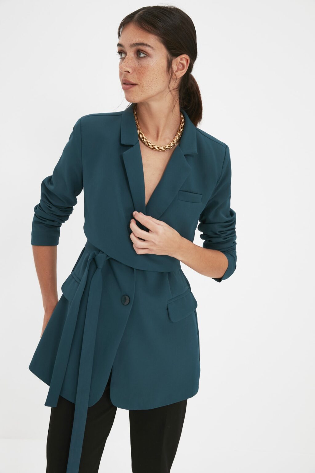 Trendyol Emerald Green Regular Lined Tie-Up Woven Blazer Jacket