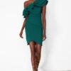 Trendyol Emerald Green Single Sleeve Ruffled Woven Short Elegant Evening Dress