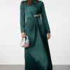 Trendyol Emerald Green Stone Belted Long Satin Woven Evening Dress