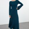 Trendyol Emerald Green Straight Boat Neck Fitted Skirt Flounce Maxi Flexible Knitted Dress