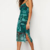 Trendyol Emerald Green Strap Fitted Square Neck Tulle Stretchy Knitted Midi Pencil Dress