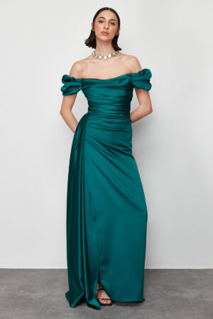 Trendyol Emerald Green Woven Satin Long Elegant Evening Dress