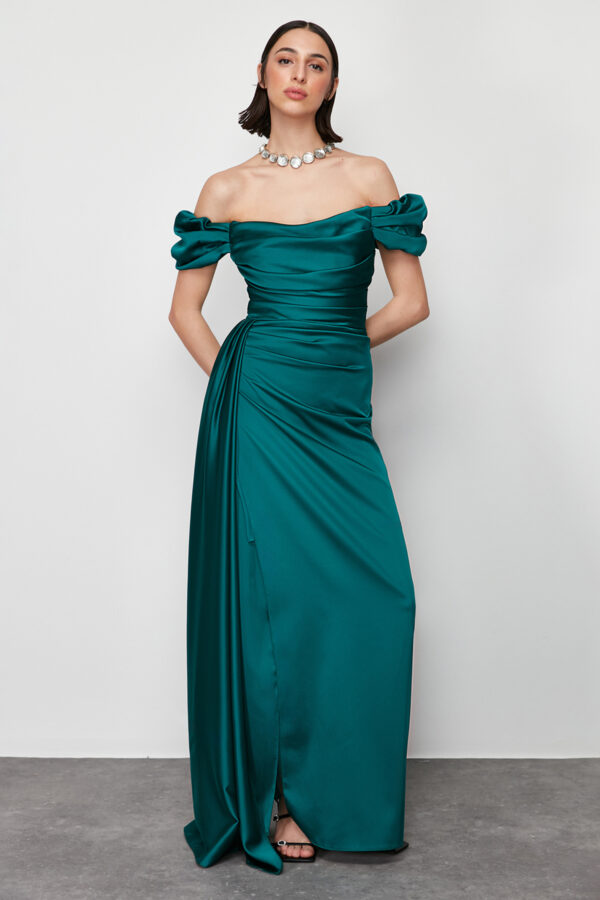 Trendyol Emerald Green Woven Satin Long Elegant Evening Dress