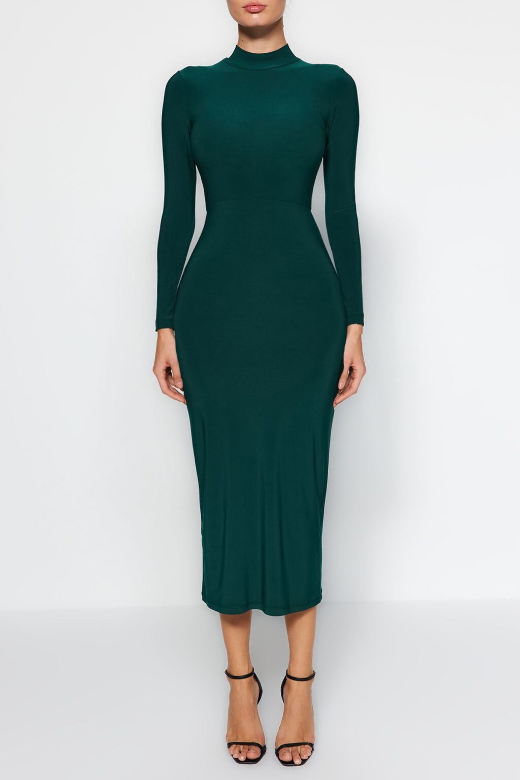 Trendyol Emerald Green álló gallér felszerelt/elhelyezett Maxi sztreccs kötött ruha