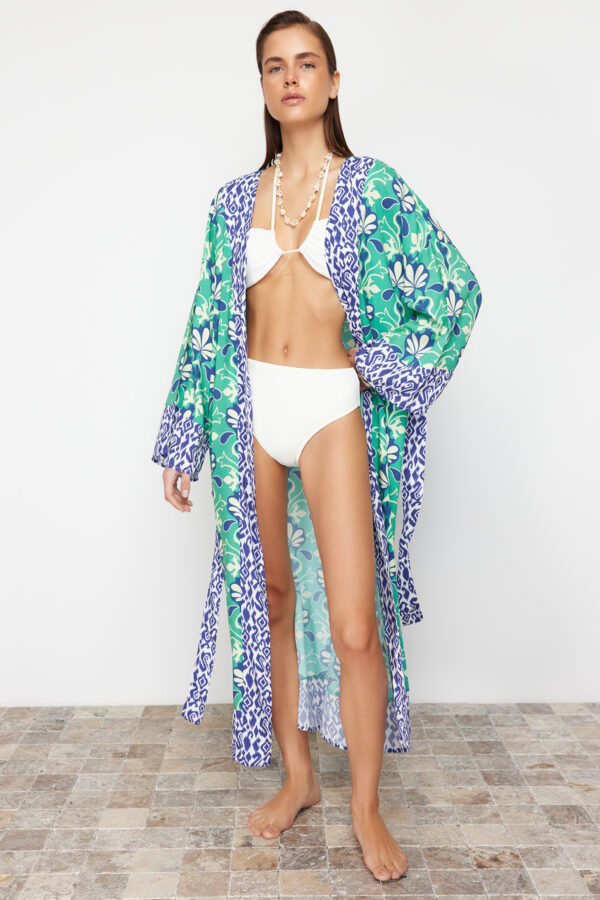 Trendyol Ethnic Patterned Belted Maxi Woven Beach Kimono&Caftan