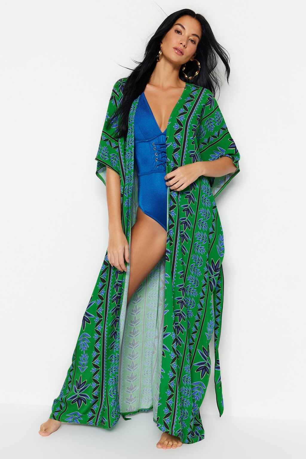 Trendyol Ethnic Patterned Belted Maxi Woven Kimono&Kaftan