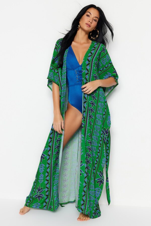 Trendyol Ethnic Patterned Belted Maxi Woven Kimono&Kaftan