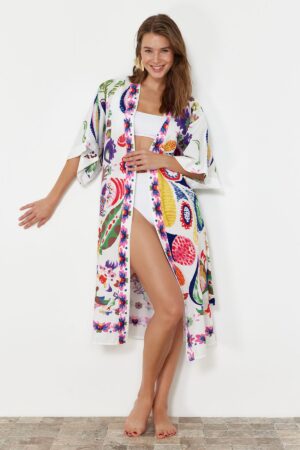 Trendyol Ethnic Patterned Belted Midi Woven 100% Cotton Beach Kimono&Caftan