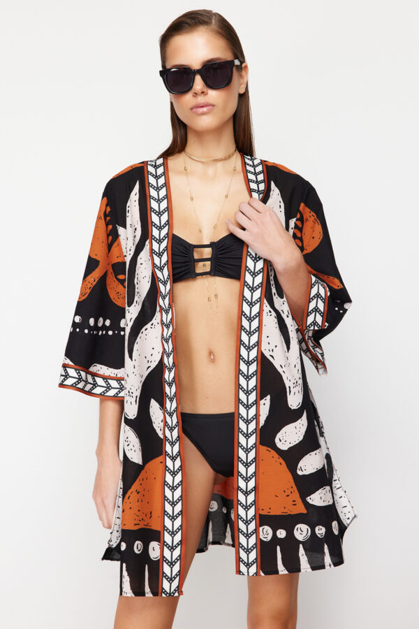 Trendyol Ethnic Patterned Belted Mini Woven 100% Cotton Beach Kimono&Caftan