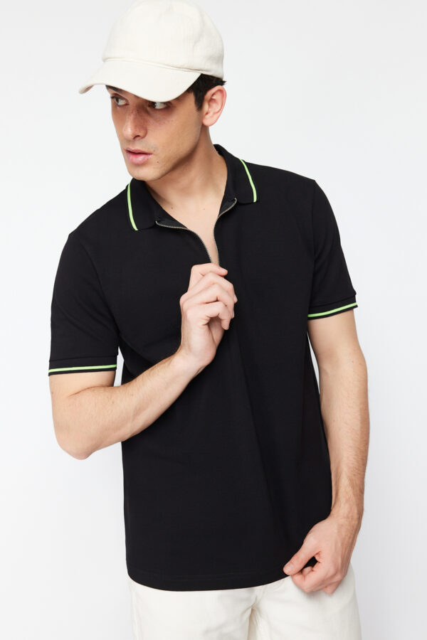 Trendyol Fekete Férfi Cipzáras Regular Fit Polo Nyak póló