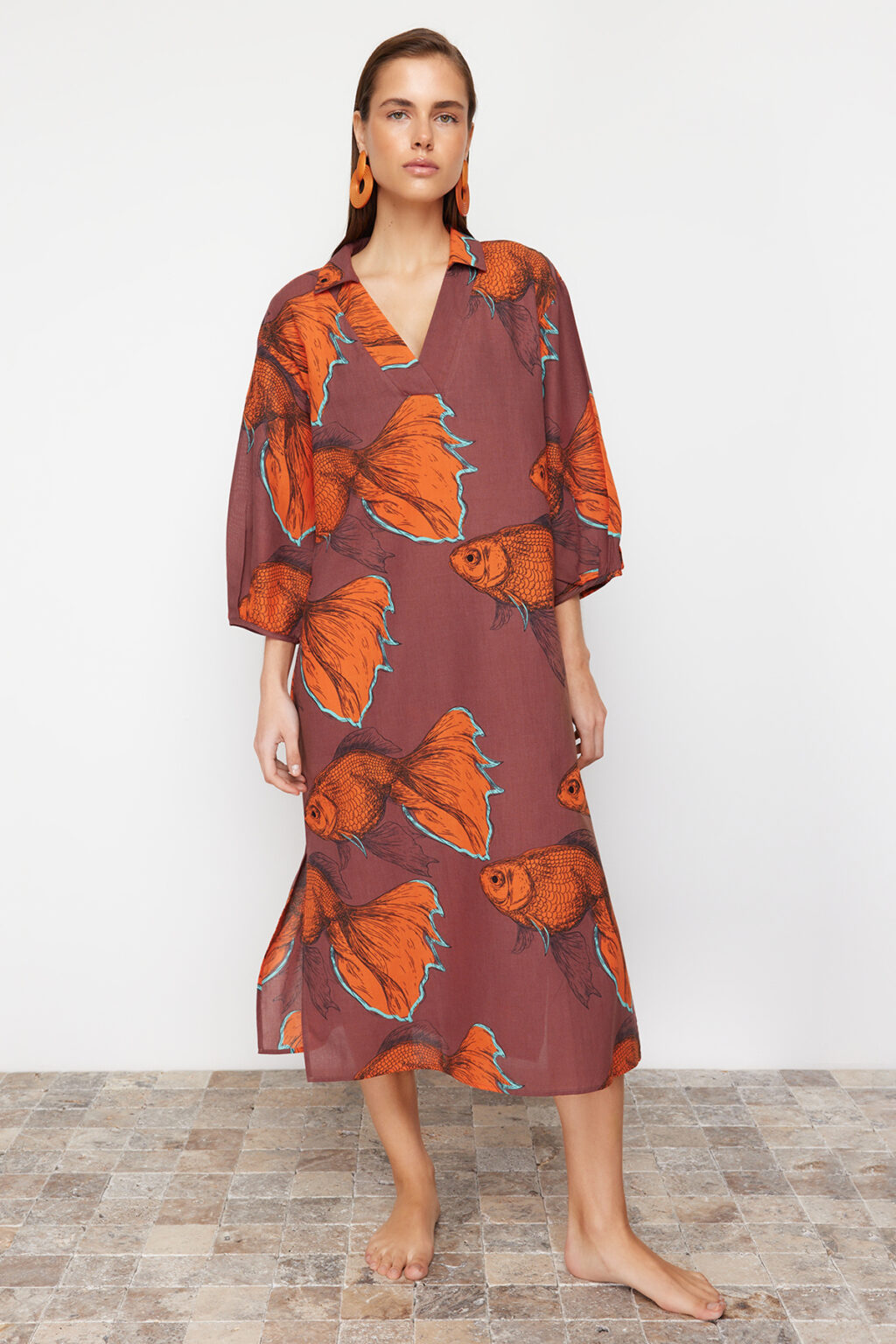 Trendyol Fish Pattern Wide Pattern Weaving 100% Cotton Midi Beach Dress
