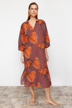 Trendyol Fish Pattern Wide Pattern Weaving 100% Cotton Midi Beach Dress