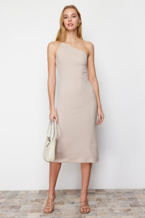 Trendyol Fitted Midi Crepe Knitted Dress with Stone Straps