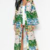 Trendyol Floral Patterned Belted Maxi Woven 100% Cotton Kimono&Kaftan