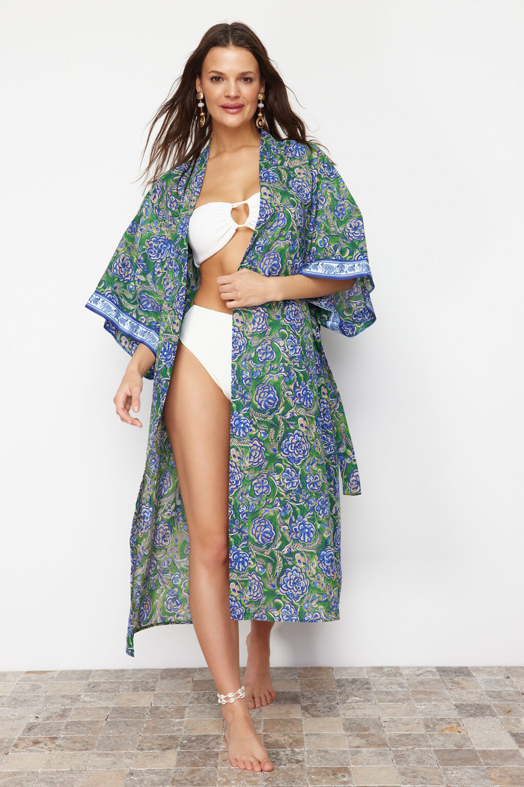 Trendyol Floral Patterned Belted Maxi Woven Ribbon Accessory Beach Kimono&Caftan
