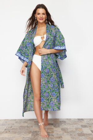 Trendyol Floral Patterned Belted Maxi Woven Ribbon Accessory Beach Kimono&Caftan
