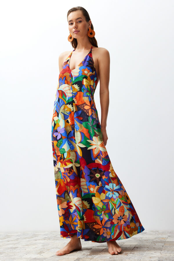 Trendyol Floral Patterned Maxi Woven Backless Beach Dress