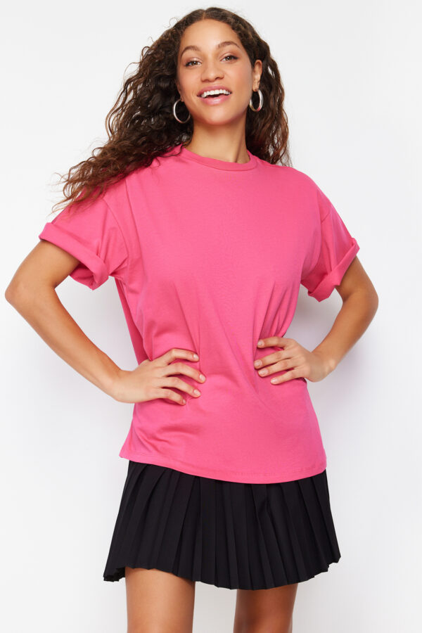 Trendyol Fuchsia 100% Cotton Crew Neck Oversize/Wide Pattern Knitted T-Shirt