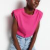 Trendyol Fuchsia 100% Cotton Padded Crop Crew Neck Knitted T-Shirt