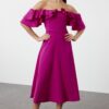 Trendyol Fuchsia A-Line Carmen Collar Woven Elegant Evening Dress