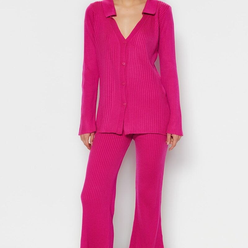 Trendyol Fuchsia Basic Polo Neck Knitwear Two Piece Set