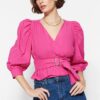 Trendyol Fuchsia Belted Double Breasted Woven Blouse
