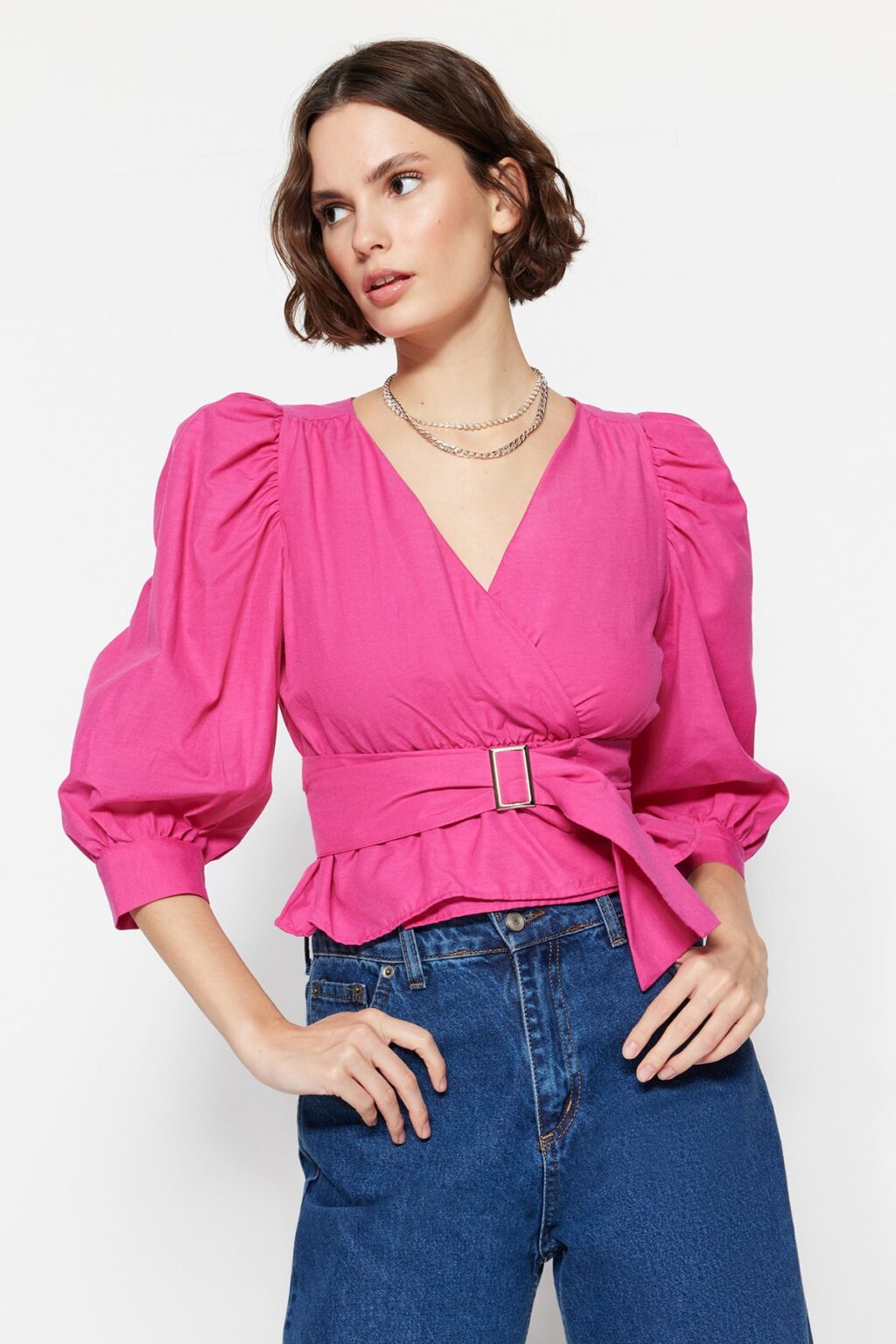 Trendyol Fuchsia Belted Double Breasted Woven Blouse