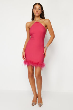 Trendyol Fuchsia Body-Sit A-line Shiny Stone Woven Short Elegant Evening Dress
