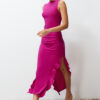 Trendyol Fuchsia Bodycone Zero Sleeve Slit Ruffle Detailed Stretchy Thick Sandy Maxi Pencil Dress