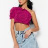 Trendyol Fuchsia Crop Weave Ruffled One-Shoulder 100% Cotton Blouse