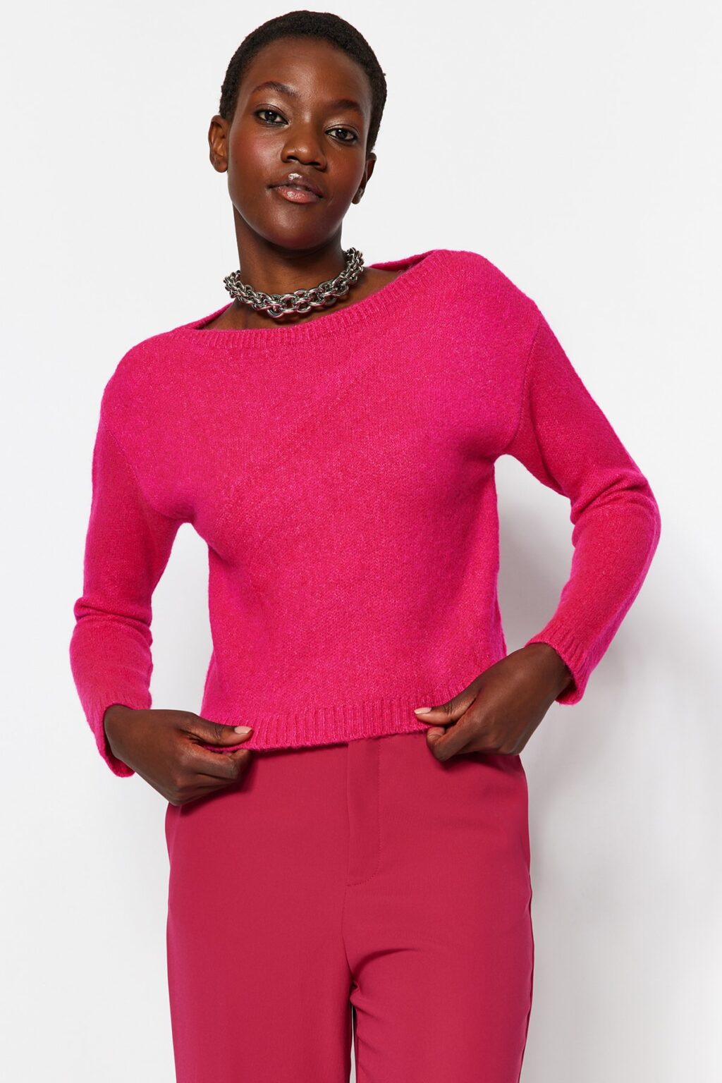 Trendyol Fuchsia Crop puha textúrájú alap kötöttáru pulóver