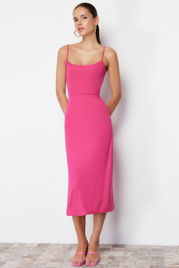 Trendyol Fuchsia Cut Out Detailed Slit Body Fitted Strap Midi Flexible Knitted Pencil Dress