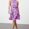 Trendyol Fuchsia Floral Print Halter Neck A-line Satin Mini Woven Dress