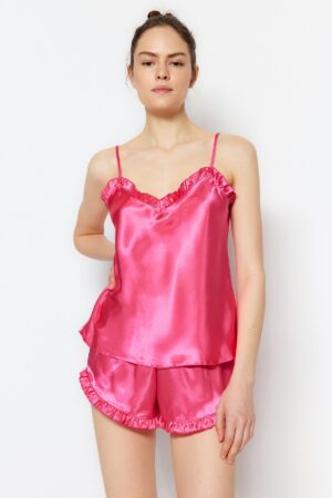 Trendyol Fuchsia Frilled Rope Strap Satin Shorts Woven Pajama Set