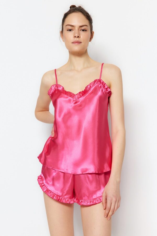 Trendyol Fuchsia Frilled Rope Strap Satin Shorts Woven Pajama Set