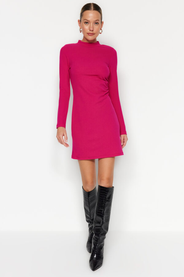 Trendyol Fuchsia High Neck Test-vállú Összegyűjtött Mini kötött ruha