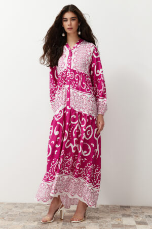 Trendyol Fuchsia Shawl Patterned Button Detailed Woven Dress