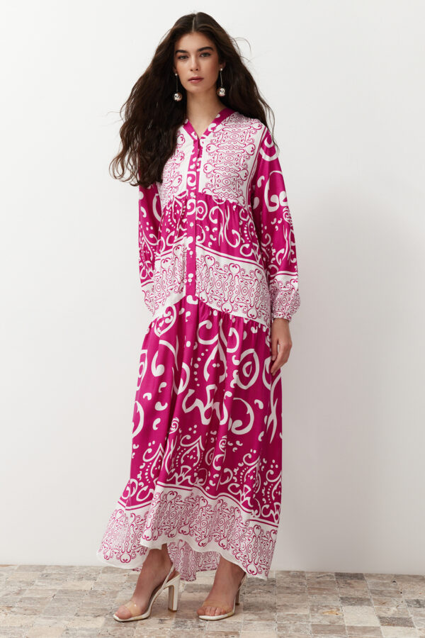 Trendyol Fuchsia Shawl Patterned Button Detailed Woven Dress